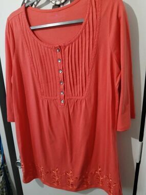 Orange Embroidered Flowers Pleated Button Tunic Top